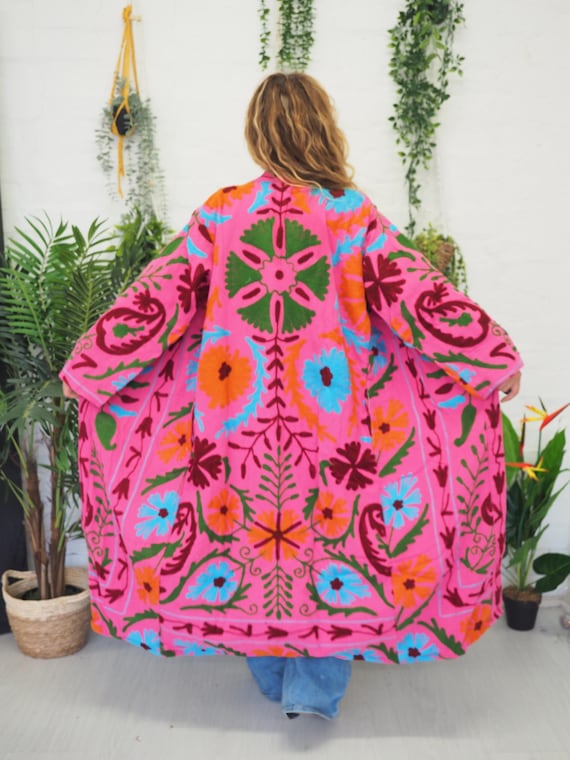 VINTAGE EMBROIDERED KIMONO - Oversized Unisex Festival Kaftan - Antique 70's 60's Hippie Jacket - Reversible Mens Cotton Autumn Winter Coat