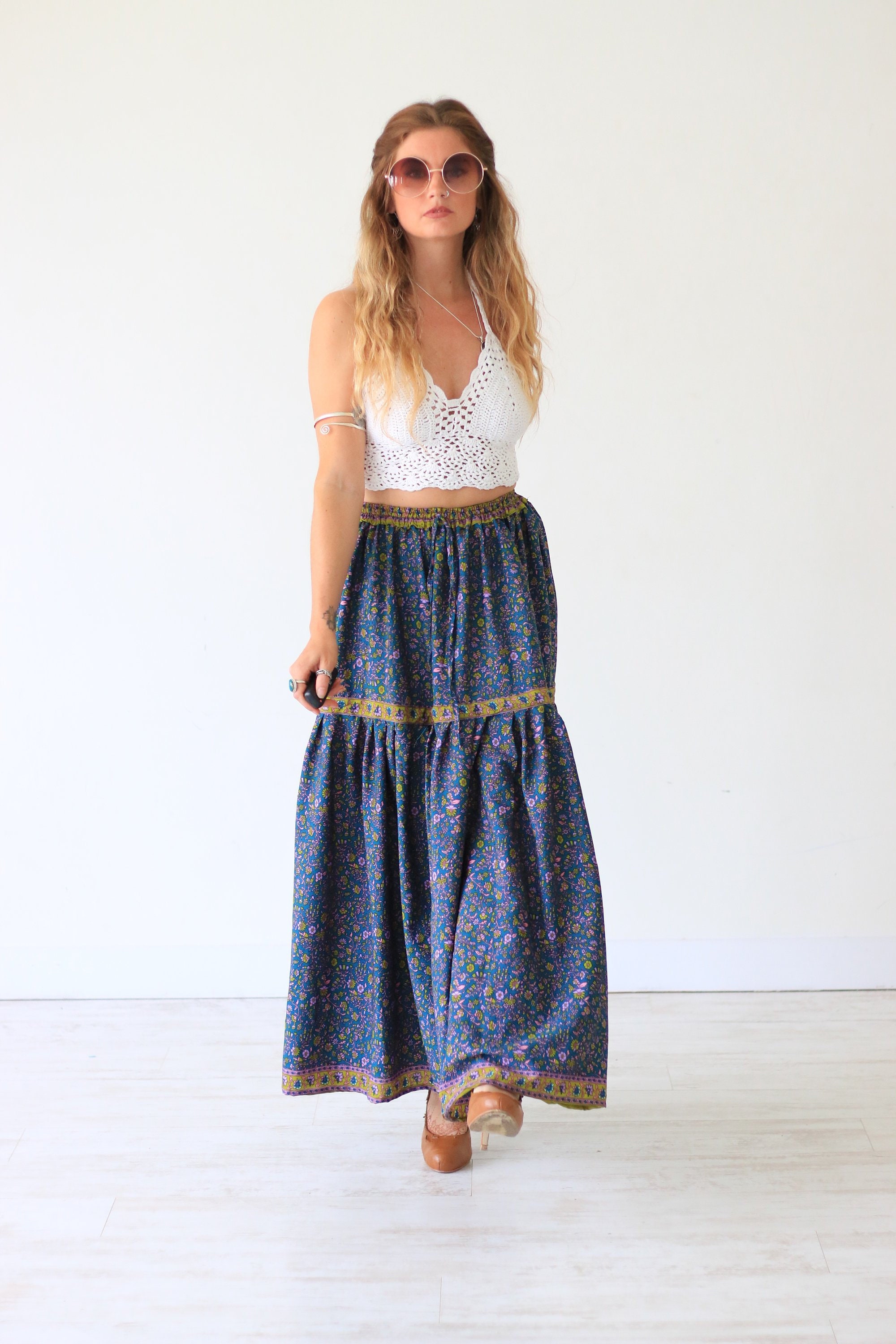 INDIAN LUXE SKIRT - Gypsy skirt - 70's Folk Dress - Floral Peasant - 60 ...