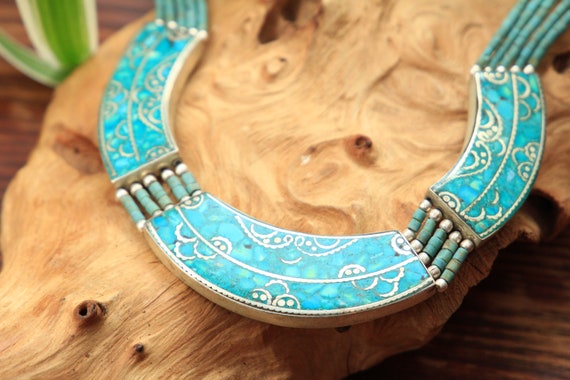 STATEMENT TURQUOISE NECKLACE - Vintage Nepali Necklace - Tibetan nepalese jewellery - Silver Inlay - One of a kind - Chunky Tribal Choker