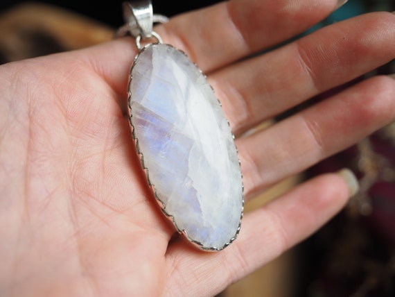 XL MOONSTONE NECKLACE - *Sale* Blue Moonstone - Hand carved bezel - Recycled Sterling Silver - Statement - Glowing Crystal - Moon Jewellery