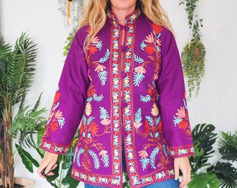 TÚNICA MORADA DE CACHEMIRA - Chaqueta vintage de los años 60 y 70 - Retro Beatles - Sgt Pepper - Bordado Aari - Mezcla de algodón y lana - Minivestido bohemio