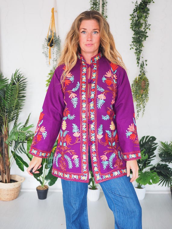 PURPLE KASHMIRI TUNIC - 60's 70's Vintage Jacket - Retro Beatles - Sgt Pepper - Aari Embroidered - Cotton - Wool blend - Boho Mini Dress