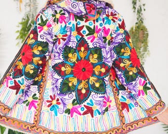 EMBROIDERED KIDS FLEECE - Cotton Aztec Coat - Thermal Hooded Jacket - Xs - Uk Size 6 - Teens hippie coat - Festival style