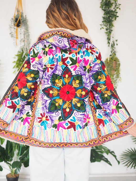 EMBROIDERED KIDS FLEECE - Cotton Aztec Coat - Thermal Hooded Jacket - Xs - Uk Size 6 - Teens hippie coat - Festival style