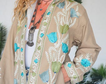 Camisa túnica de Cachemira - Chaqueta vintage de los años 60 y 70 - Estilo folclórico - Abrigo bordado - Mezcla de algodón - Minivestido floral - Beatles