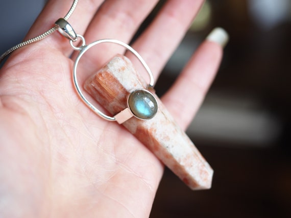 SUNSTONE & LABRADORITE WAND - Sterling silver - Glitter stones - Healing Crystal - Chakra Wand Necklace - Magic Power Necklace - Gemstone