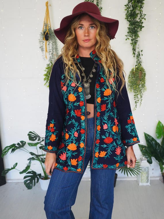 KASHMIRI TUNIC JACKET - 60's 70's Vintage Coat - Retro Beatles - Sgt Pepper - Embroidered Shirt Jacket - Mini Shift Dress - Boho Xmas Gift