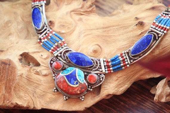 LAPIZ LAZULI & CORAL - Vintage Nepalese Statement Necklace - Buddhist - Tibetan Jewellery - Semi Precious - Bespoke Unique Gift - Turquoise