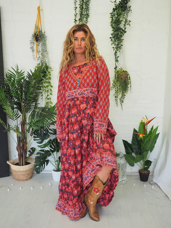 COTTON PRAIRIE DRESS - Floral Folk Dress - Gunne Sax - Summer Festival Dress - Paisley - Wedding - Maxi - Maternity - Uk 10-12 - Hippie Boho