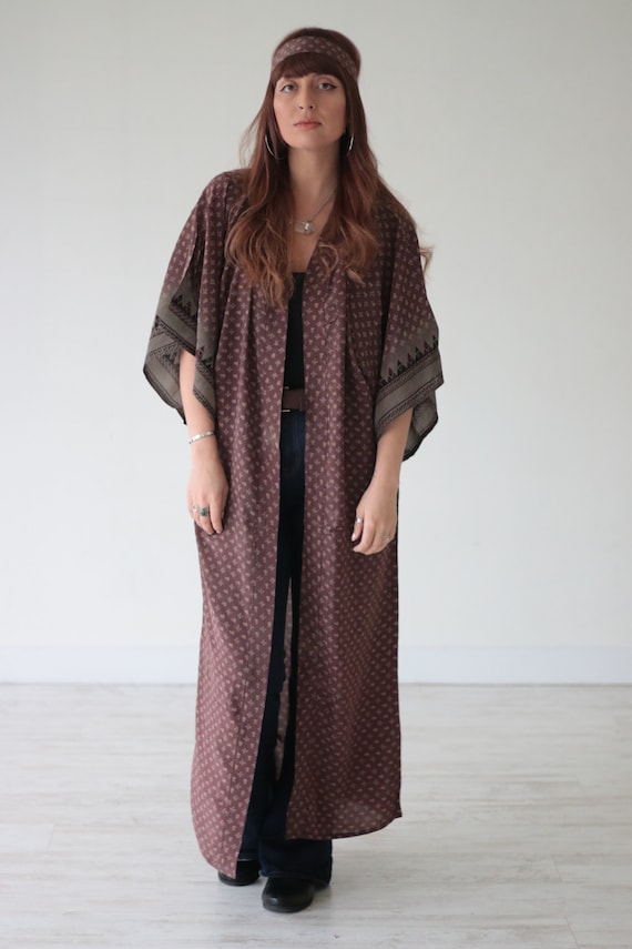 INDIAN SILK KIMONO - Full length - All season Cover Up - Cardigan - Kaftan - Vintage - Gunne Sax Inspired - Folk - 70's 60's - Recycled Silk