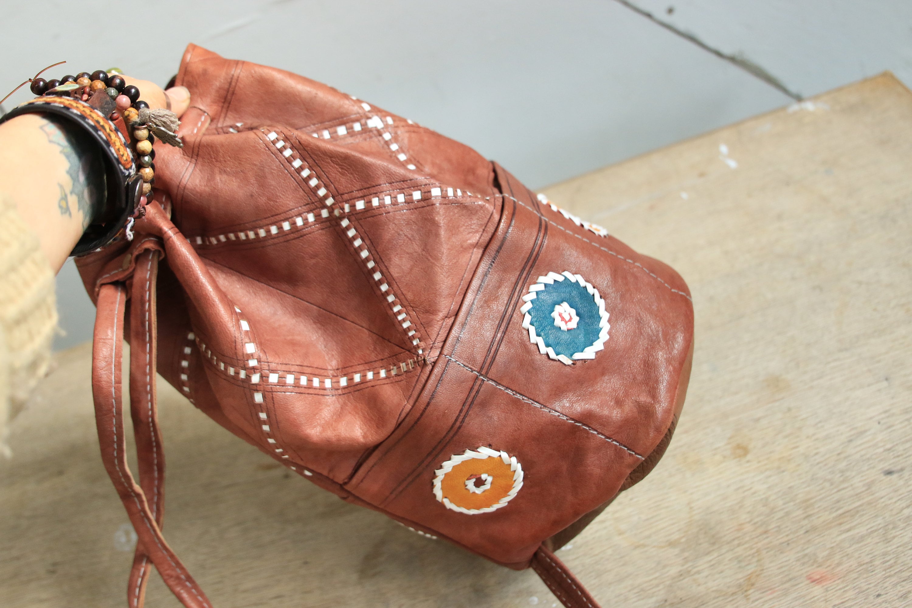 VINTAGE LEATHER BAG Brown Handbag Leather Bucket Bag Moroccan