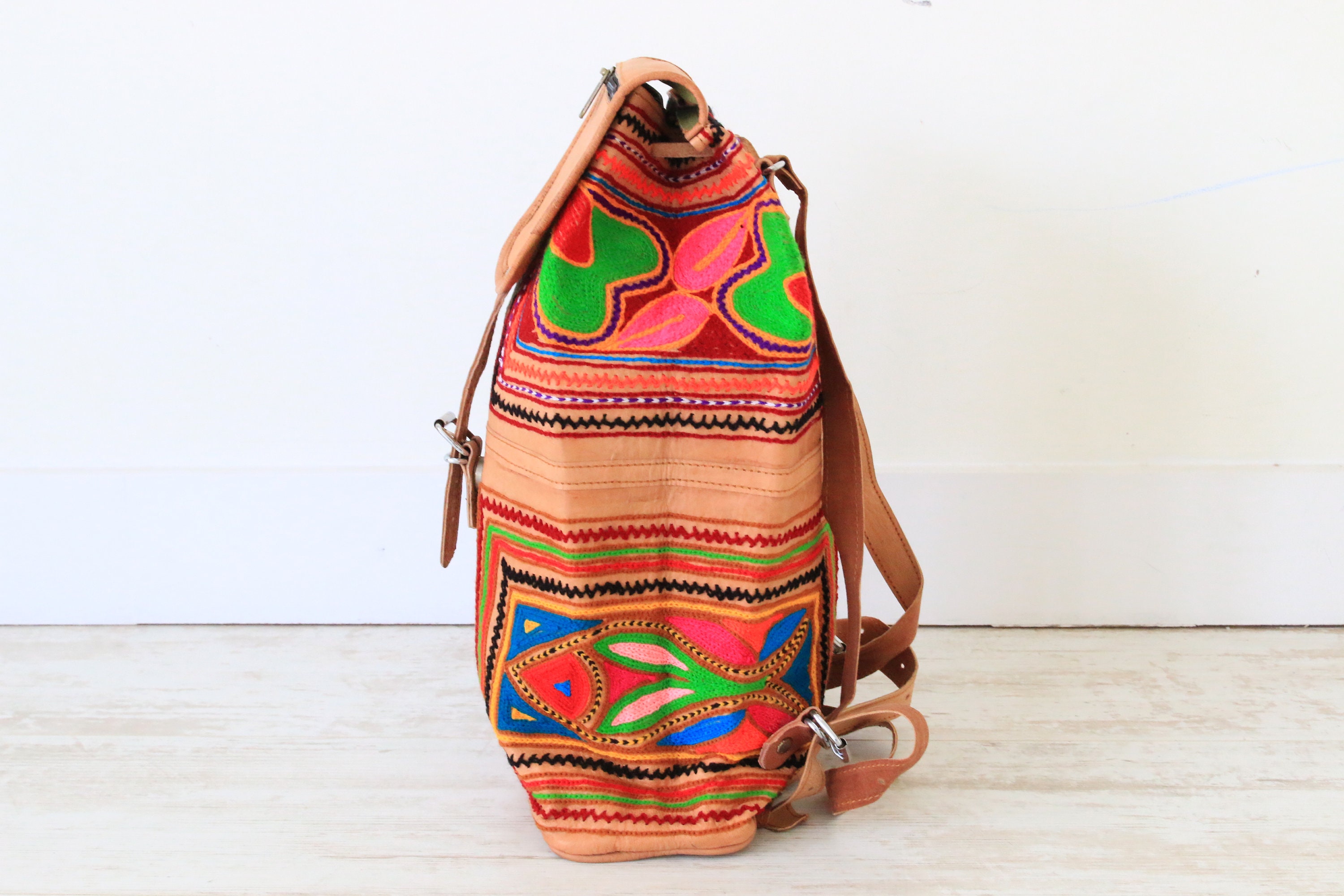 RAINBOW LEATHER RUCKSACK - Embroidered bag - Vintage Hippie Backpack ...