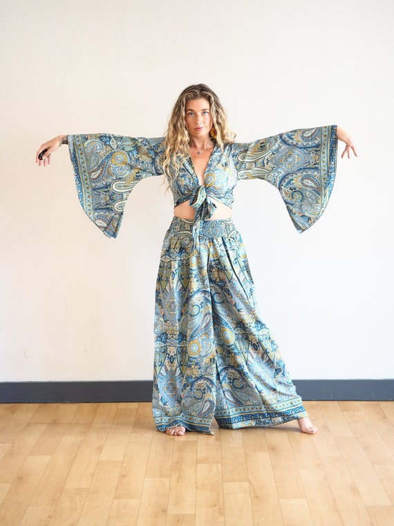 2 PIECE SET - Silk Bell sleeve & Trouser set - Jumpsuit - Flare Trousers - Wide leg - Pyjamas - Lounge wear - Co ord pant set - Playsuit