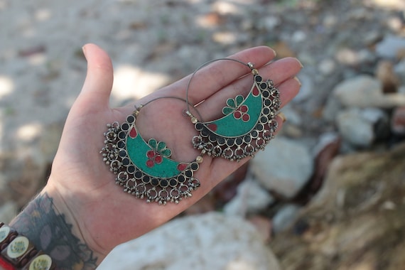 VINTAGE TURQUOISE EARRINGS - Afghan - Handmade - Bespoke - Kuchi - Mosaic - Gypsy - One of a Kind - Statement - Festival - Indian