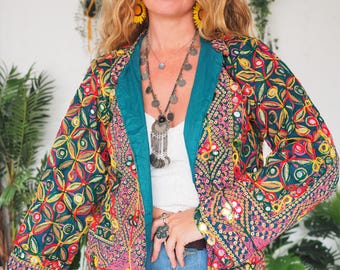 INDIAN SEQUIN JACKET - 60's 70's Vintage - Retro - Cotton - Lightweight - Mirrored - Hippie - Cropped Shirt Jacket - Summer - Embroidered