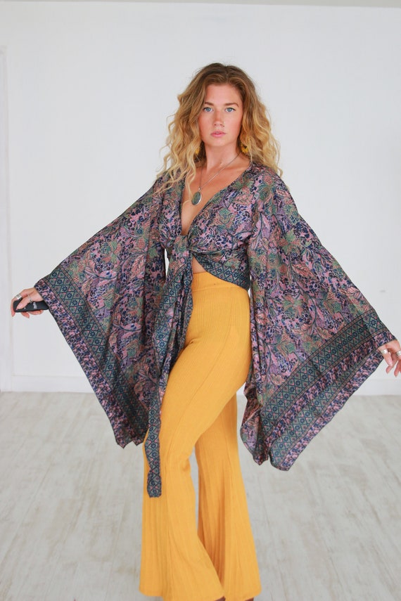 BELLA KIMONO - XL Bell sleeve - Batwing - Japanese Kaftan - Vintage Indian Silk - 60's Kimono - 70's Bohemian Wrap Around - Gypsy Crop Top