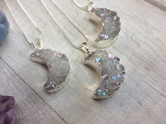 MOON DRUZY NECKLACE - Moon Jewellery - Star sign - Astrology - Horoscope - Crescent Moon - Raw crystal Necklace- Druze - Crystal Shop - Gift