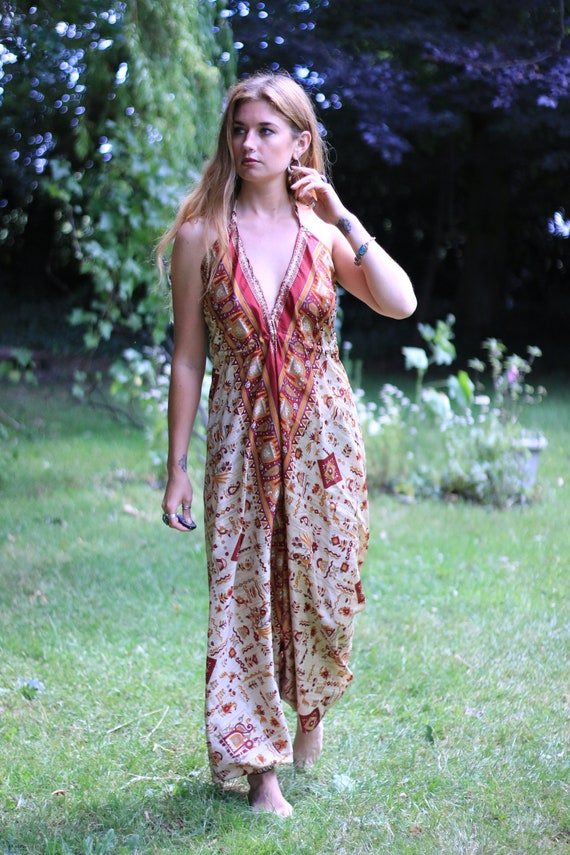 INDIAN PRINT JUMPSUIT - All in one - Vintage Style - Wedding - Dungarees - Festival - Halter neck - Bohemian - Hippie - Harem pants - Beach