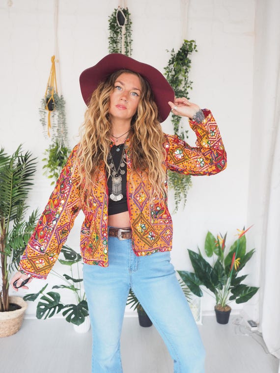 INDIAN MIRROR JACKET - 60's 70's Vintage Fabric - Retro - Beatles - Cotton Lightweight - Sequin Embroidery - Hippie - Cropped