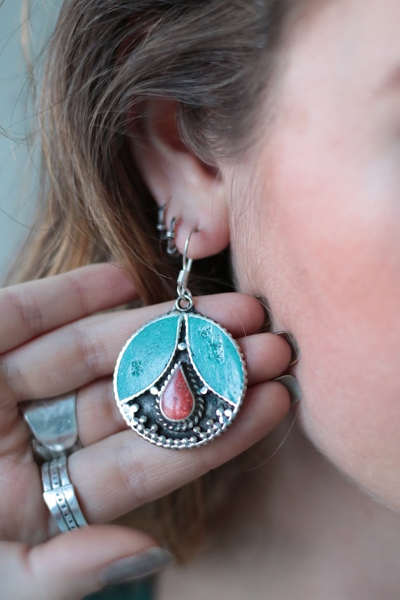 VINTAGE TURQUOISE EARRINGS - Handmade Nepalese earrings - Nepali - One of a Kind - Statement Earrings - Festival - Indian - Tibetan Jewelry