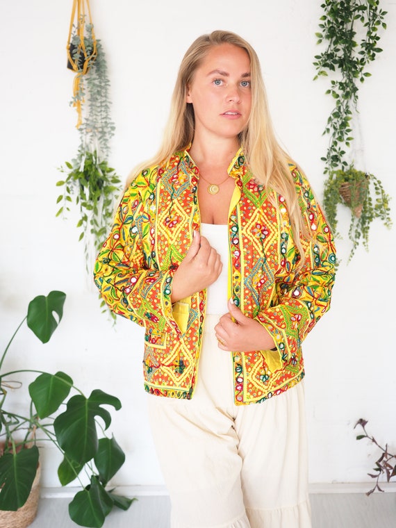 MIRROR CROP KIMONO - Yellow Beach Jacket - Sequin Summer Jacket - Embroidered Kantha Coat - Lightweight Cotton - Vintage 60's style Cardigan