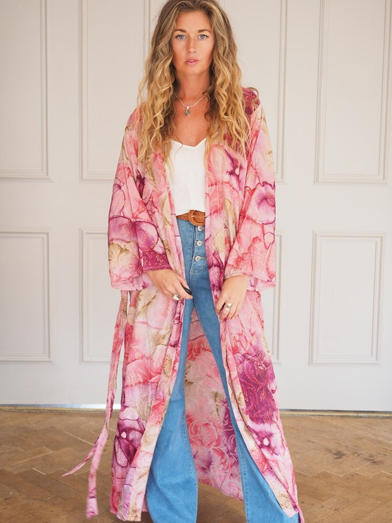 PINK SHIMMER KIMONO - Oriental Jacket - Beach Cover Up - Floaty Kaftan - Vintage Dressing Gown - Wrap Around Dress - Lingerie - 60's Lounge