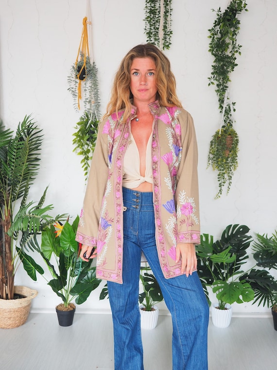 EMBROIDERED JACKET TUNIC - 60's 70's Vintage Summer Jacket - Beatles - Sgt Pepper - Aari Embroidery - Cotton - Boho Mini Dress