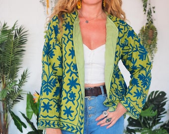 BESTICKTE HEMDJACKE - 70er Vintage Style - Retro 60er - Suzani - Herren Hippie Festival Mantel - Blazer - Baumwollstoff - S