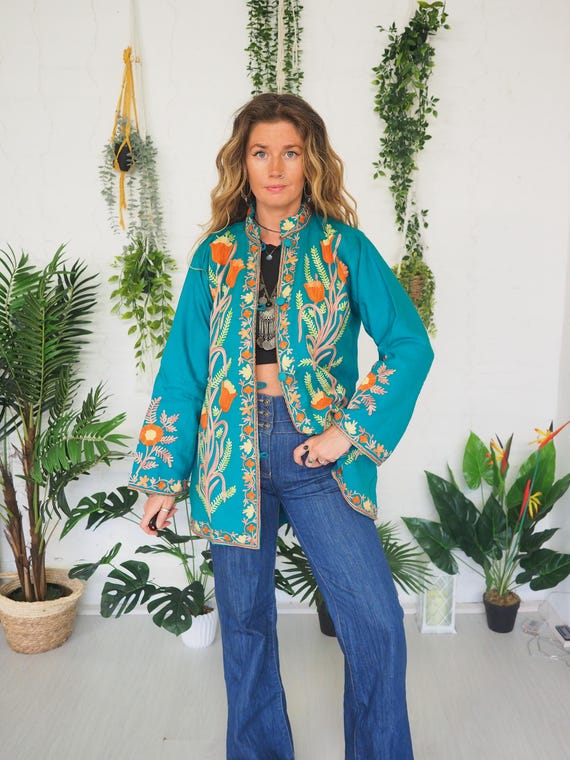 GREEN KASHMIRI TUNIC - 60's 70's - Vintage Jacket - Retro Beatles - Sgt Pepper Coat - Aari Embroidered - Cotton - Wool blend - Boho Dress