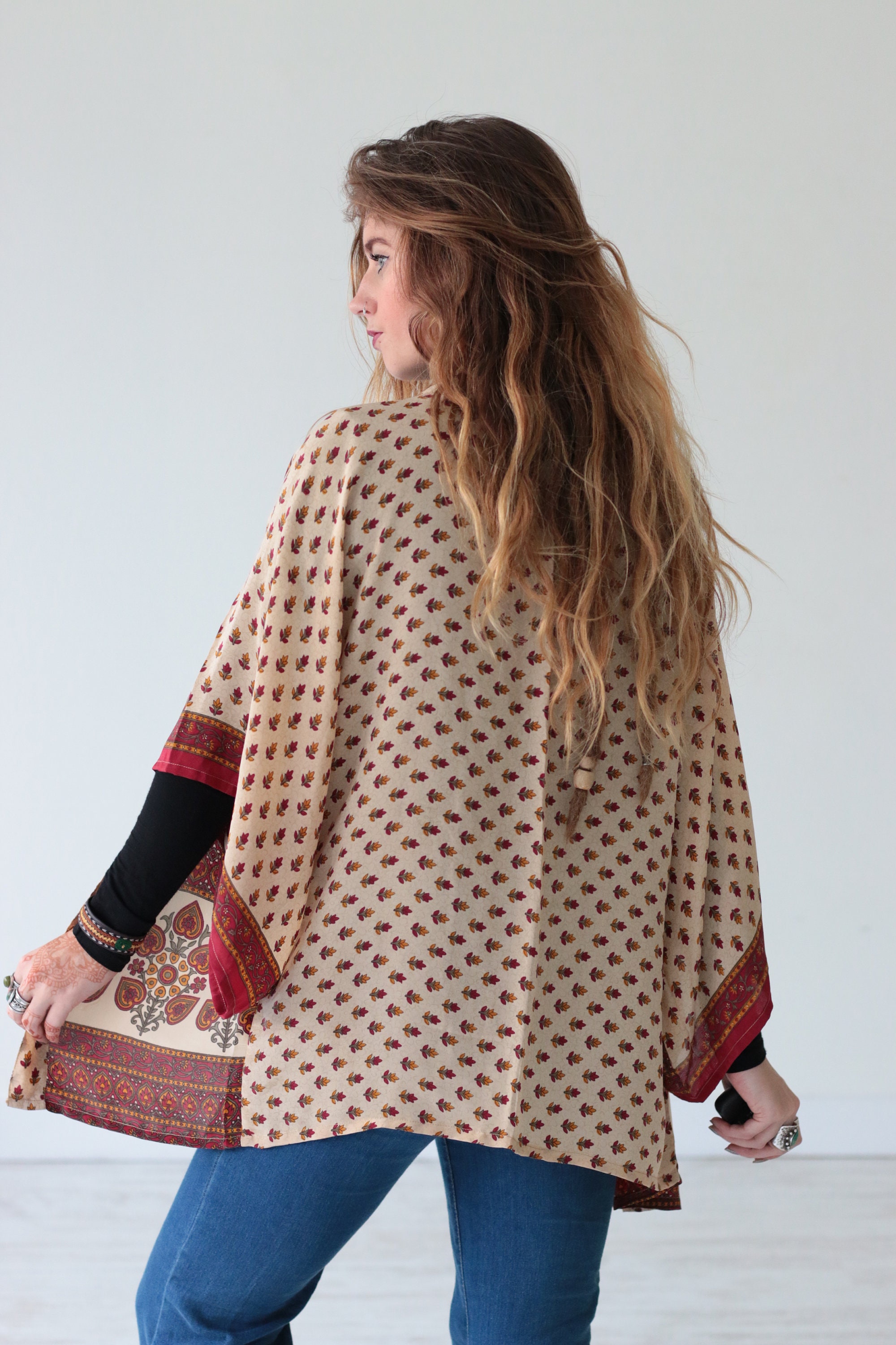 FESTIVE HIPPIE KIMONO Crop Silk Cardigan Cover Up Bohemian Kimono