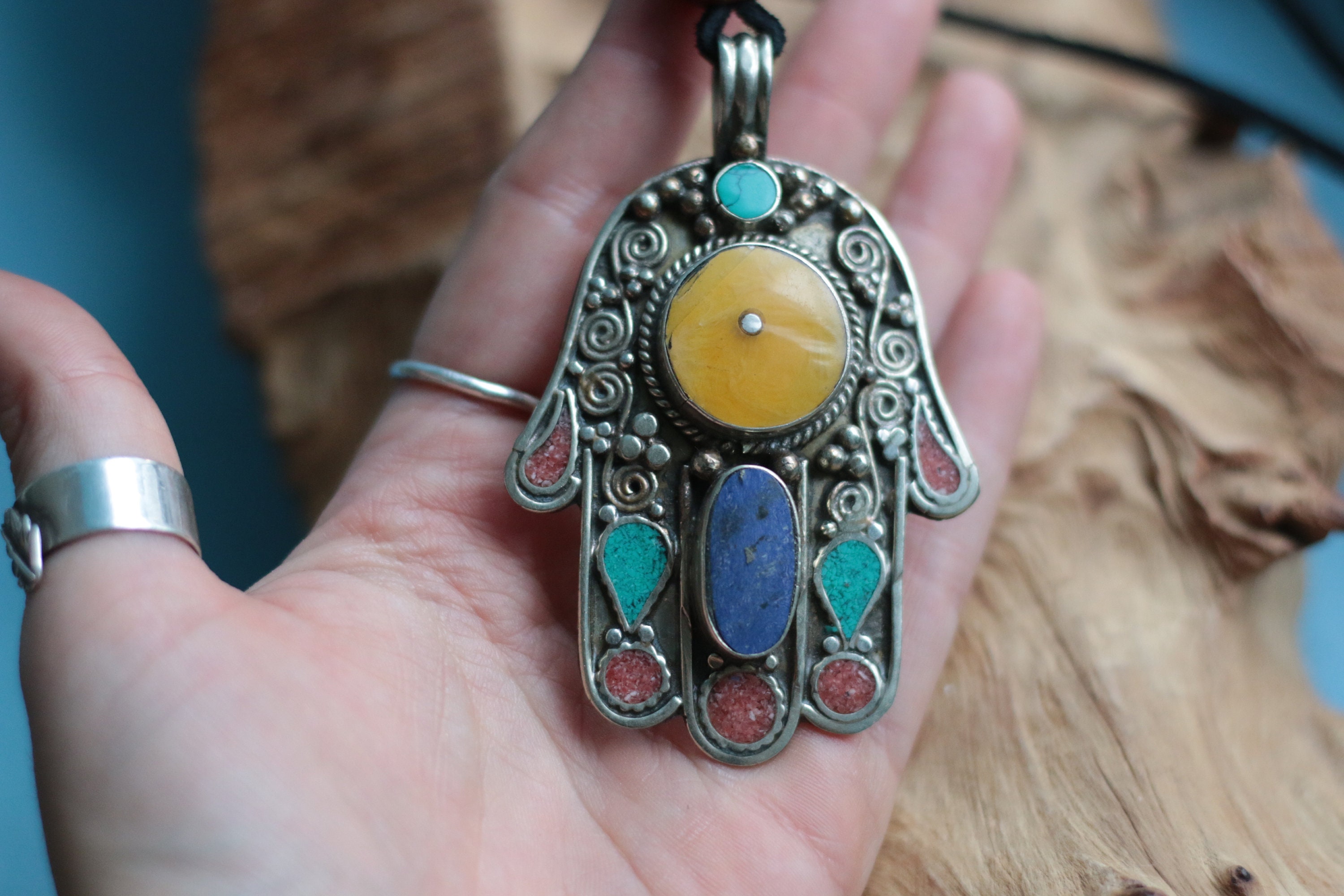 MOROCCAN HAMSA NECKLACE - Vintage Pendant - Hand of Fathima - Turquoise ...