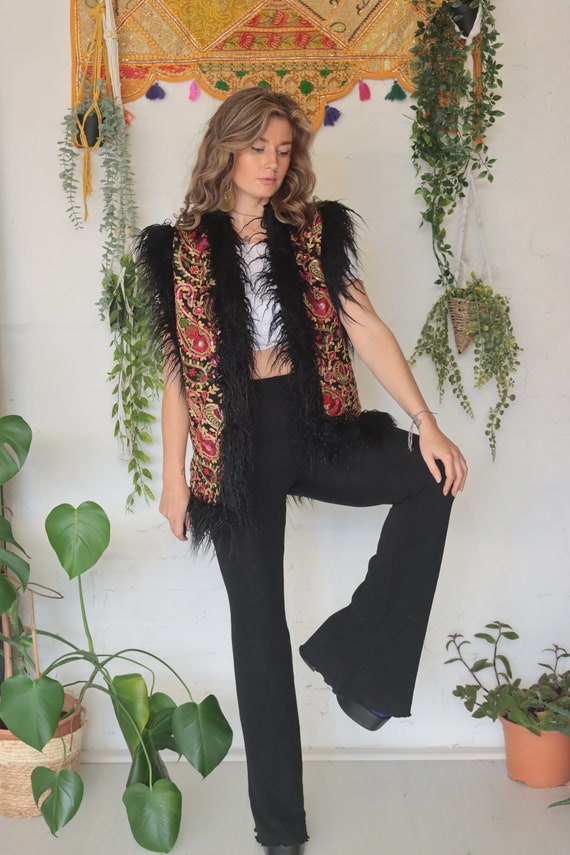 FUR EMBROIDERED GILET - Indian Mirror Vest - Sheepskin Waistcoat - Folk Style - Vintage Embroidered jacket - Festival Vest - Boho 70's 60's