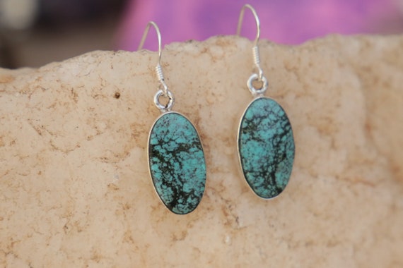 SPECKLED TURQUOISE EARRINGS - 925 Sterling Silver Earrings - Gemstone - Navajo - Handmade - Natural - Vintage style - Blue turquoise - Boho