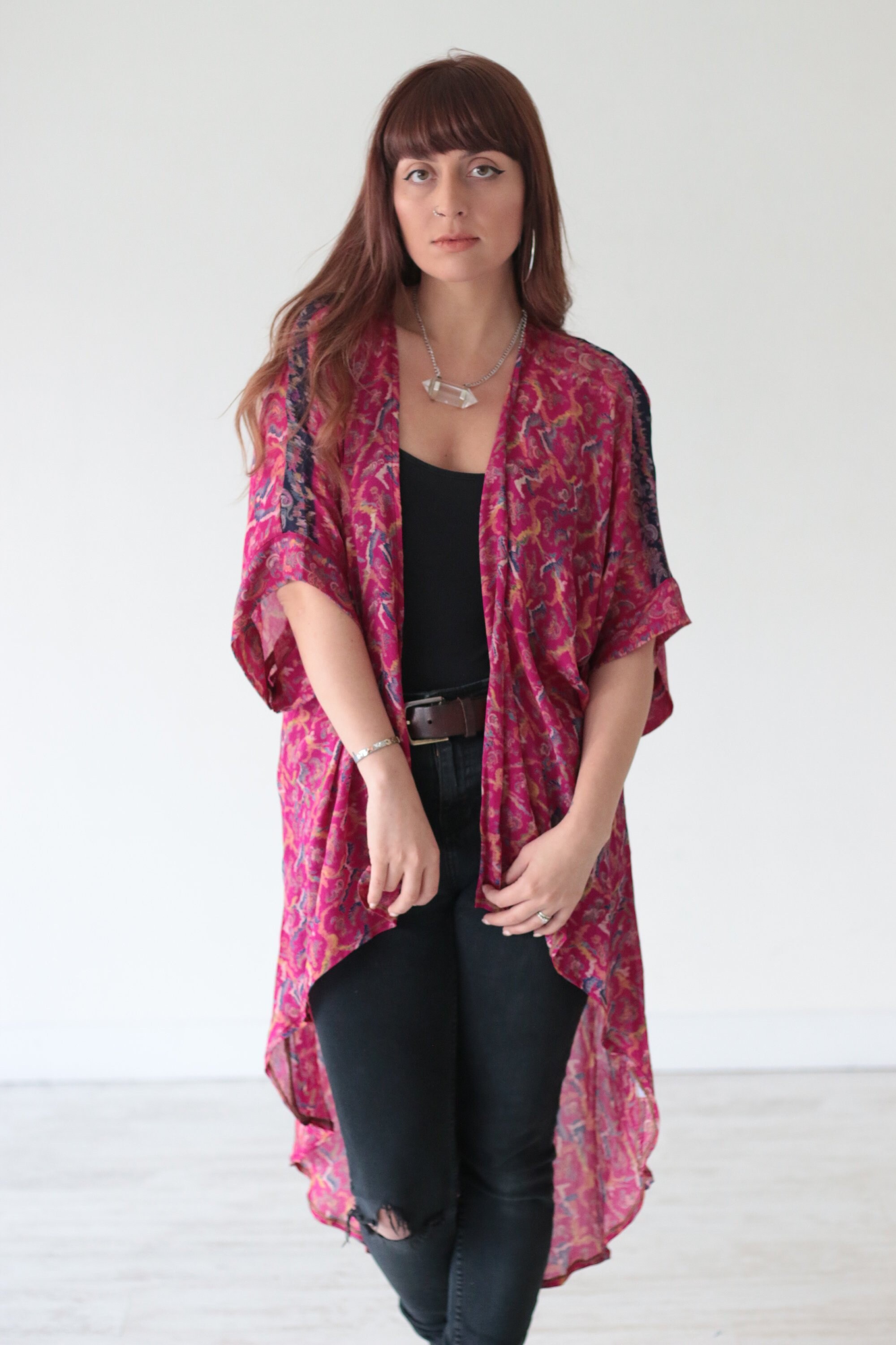 PINK POWER KIMONO - All Season Cover up - Vintage Fabric - Asymmetric ...