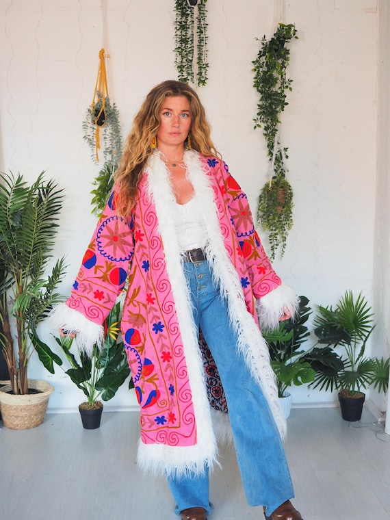 PINK PENNY LANE - Reversible Afghan Coat - Unisex - Vintage - Embroidered Faux Fur - 70's Hippie Winter Jacket - Rainbow - Psychedelic 60's