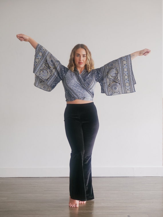 MIDNIGHT SKY CROP - Bell sleeve crop top - Silk Tie Top - Vintage Festival Top - Hippie - Retro - 70s - Recycled Silk - Wrap around Blouse