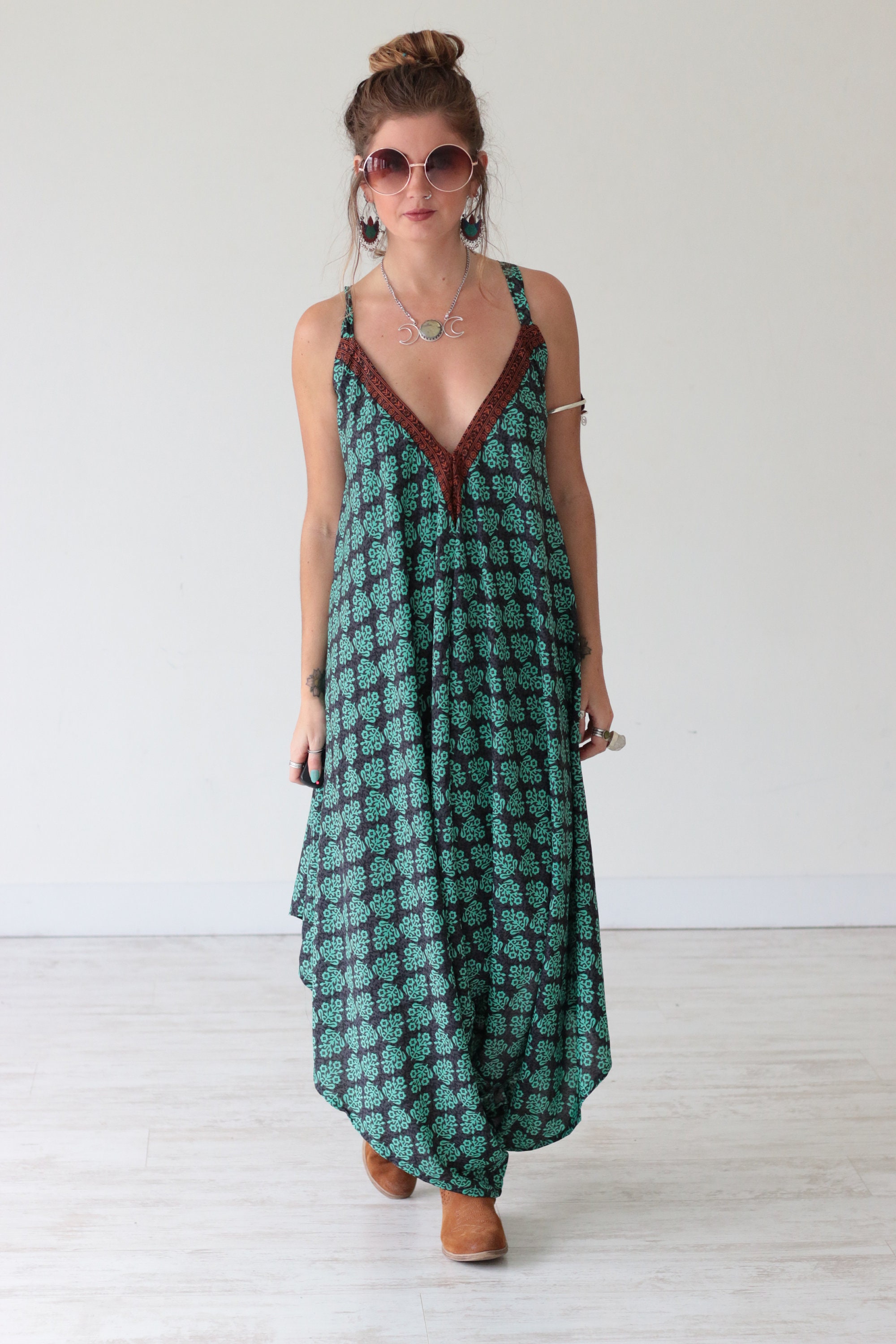 INDIAN GREEN JUMPSUIT - Vintage - Print Jumpsuit - Spring - Festival ...