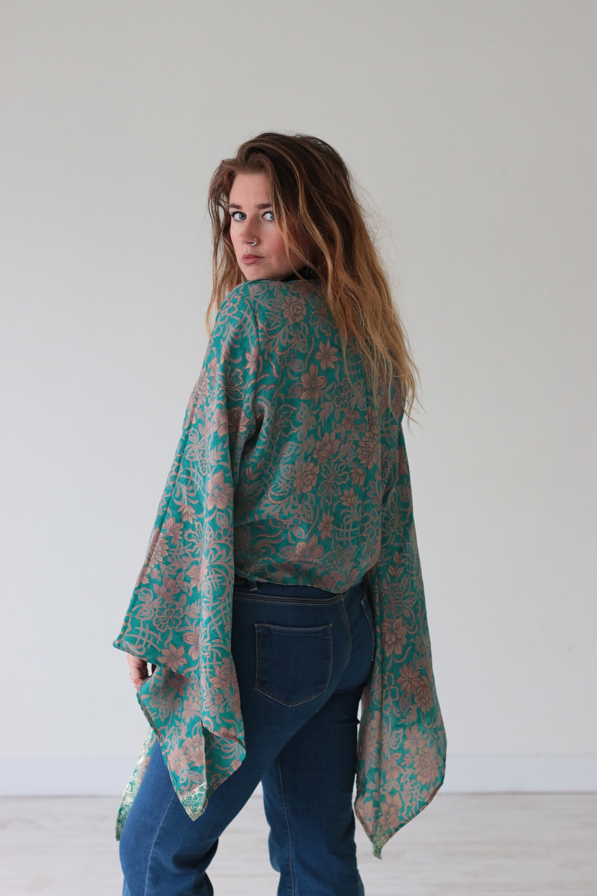 FLORAL BELL SLEEVE Crop Tie top Kimono Vintage Silk Bohemian