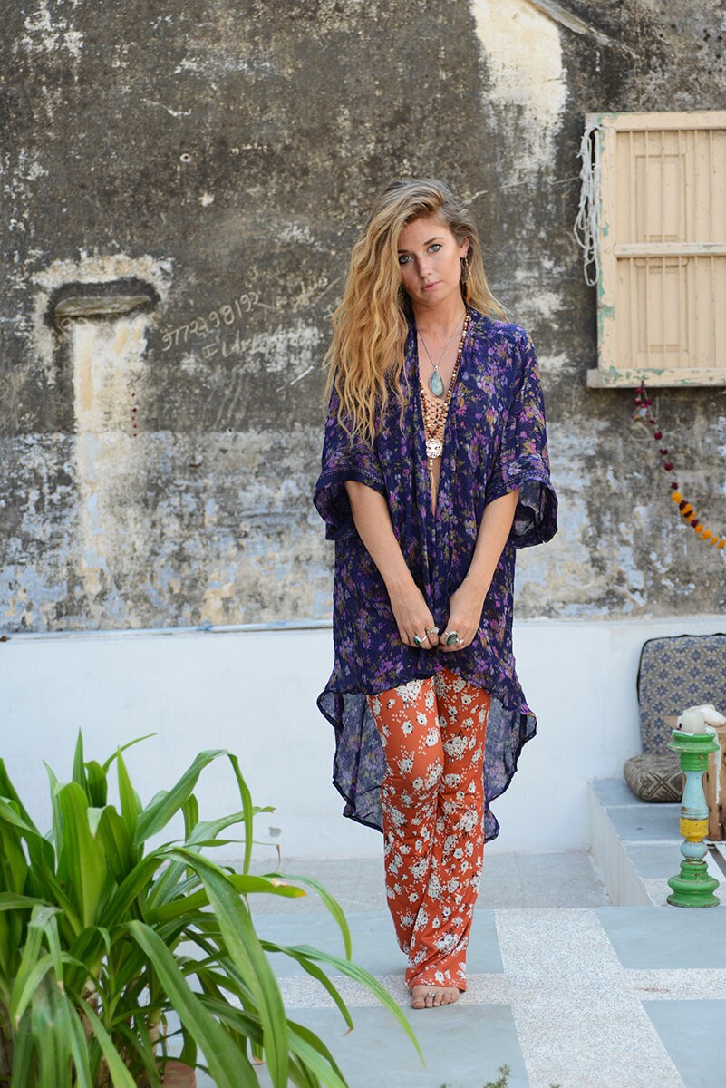 PURPLE FLOWER KIMONO - Waterfall kimono - Cardigan - Beach - Kaftan ...