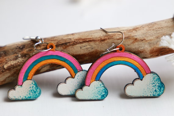 WOODEN RAINBOW EARRINGS - Summer - Pride Rainbow - Hand painted Reclaimed wood earrings - Laser cut - Eco Gift - Lgbtq - Gay pride - Weather