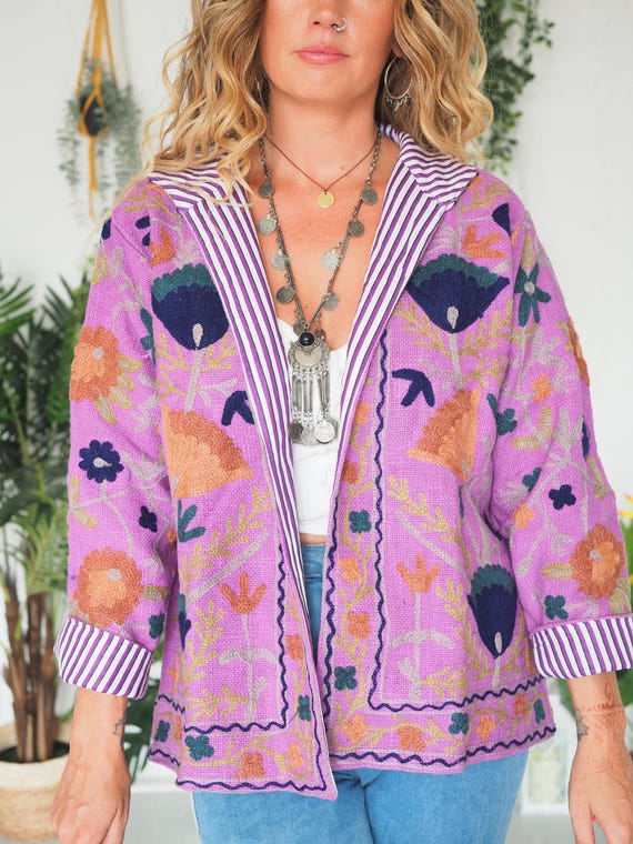 REVERSIBLE COTTON JACKET - 70's Suzani Embroidered Coat - Zara Style - Mexican - Indian - Floral Jacket - Retro - Hippie - Festival Unisex