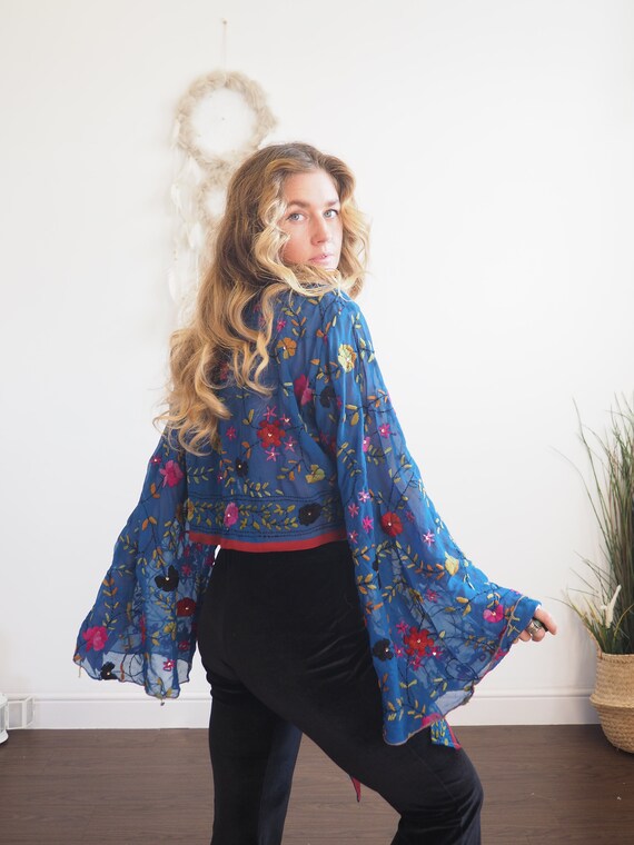 EMBROIDERED SILK TOP - One Available - Bell sleeve - Sheer Top - Recycled Fabric - Vintage Kimono - Heavily Embellished - Hand embroidered