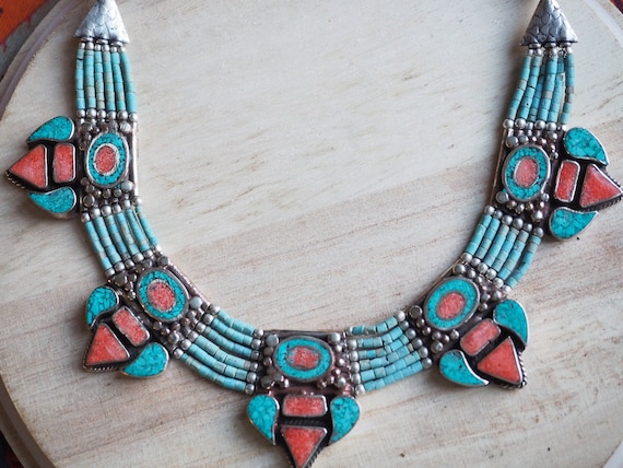 VINTAGE NEPAL NECKLACE - Xl Statement jewellery - Coral - Turquoise - Nepali - Buddhist - Tibetan - Semi Precious - Antique Style Gift Set