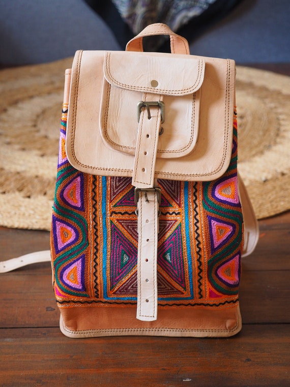 EMBROIDERED INDIAN BACKPACK - Vintage Leather Rucksack - Bohemian - Back to school - Rainbow bag - Recycled - Travel Gift - Student - Hippie