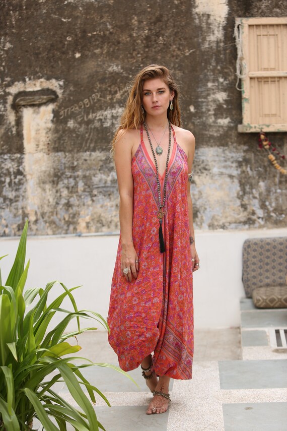 BRIGHT PINK JUMPSUIT - Statement - Handmade - Vintage Sari fabric - Festival - Hippie - Halter neck - Couture - Wedding outfit - Christening