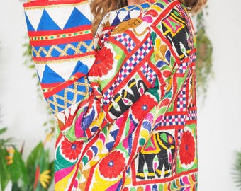 SALE EMBROIDERED JACKET - Cotton Embroidered Coat - Patchwork - Signs of wear - Antique vintage 60's fabric - Indian - Festival kimono