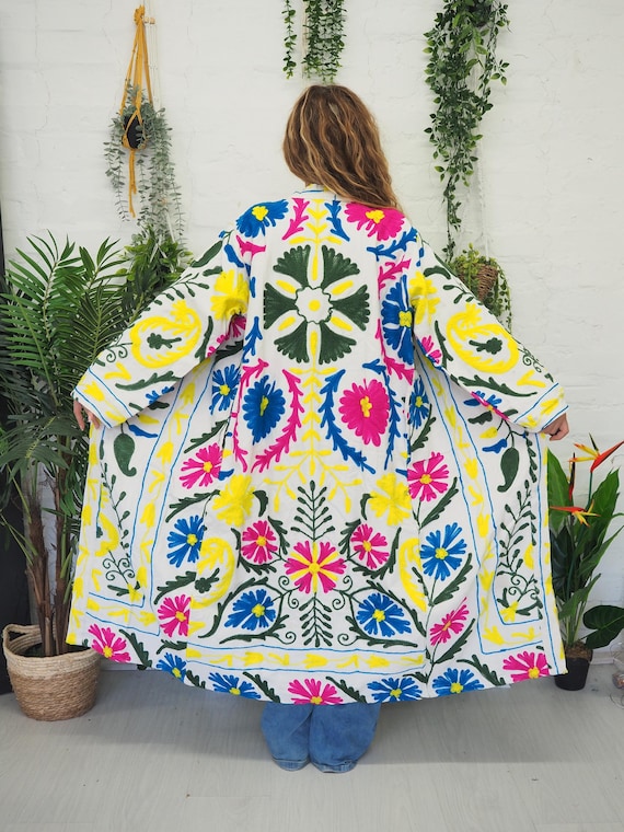 EMBROIDERED COTTON KIMONO -  Multicolour Unisex Festival Coat - Vintage 70's 60's Hippie Jacket - Mens - Long Summer Coat - Dressing gown