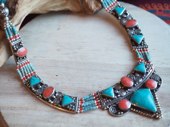VINTAGE NEPALESE JEWELLERY - Xl Statement Necklace - Coral Turquoise - Nepali - Buddhist - Tibet - Semi Precious Antique Style Gift Set