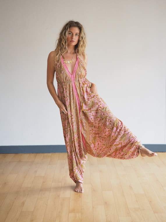PINK LUXE HAREM - With pockets! - Super Soft Playsuit - Vintage 70's Jumpsuit - Sari - Hippie Halter neck - Backless Beach Dress - Holiday