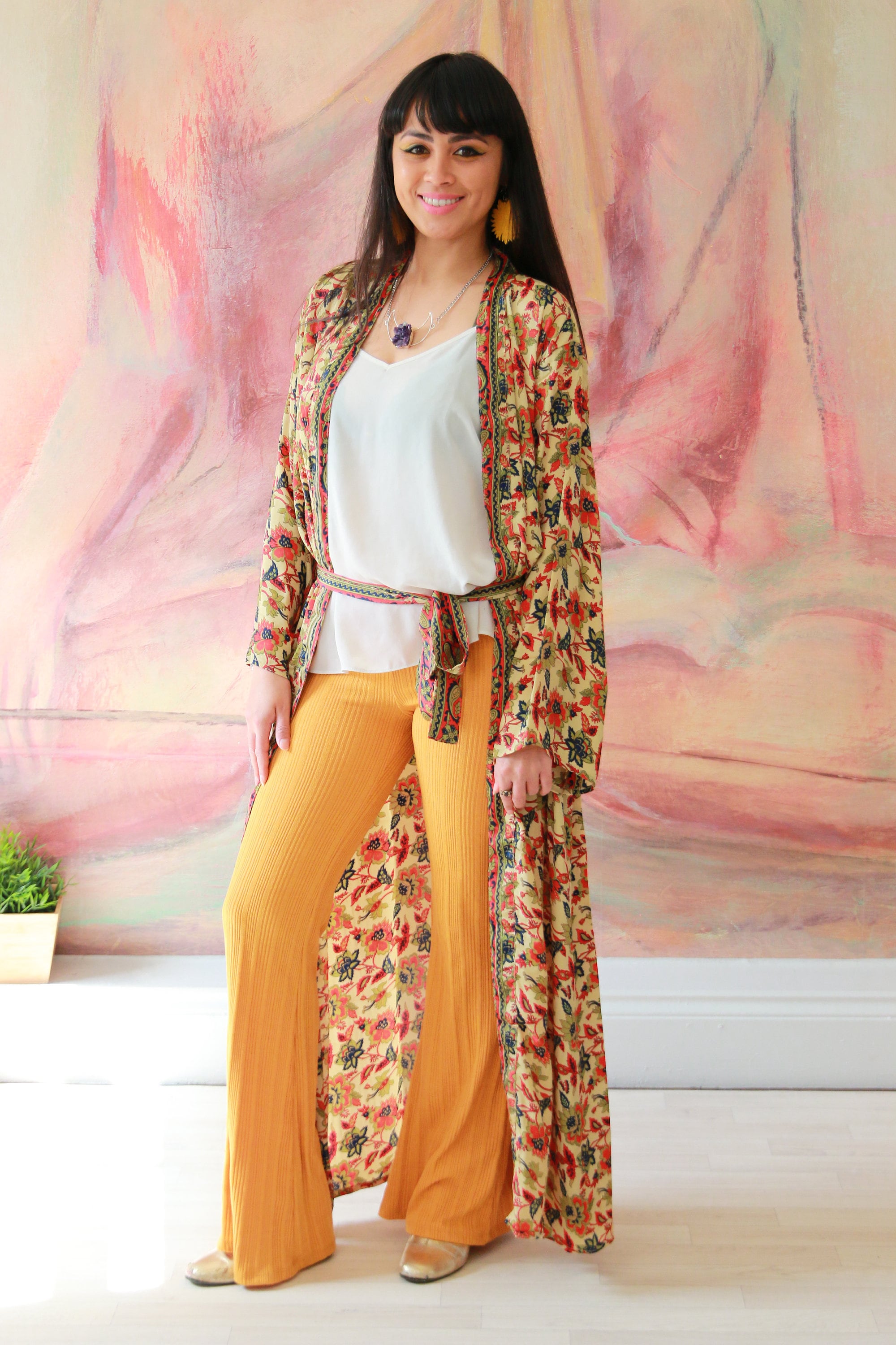 Printed Linen Cotton Jacket Style Gown in Peach and Brown : TCH36